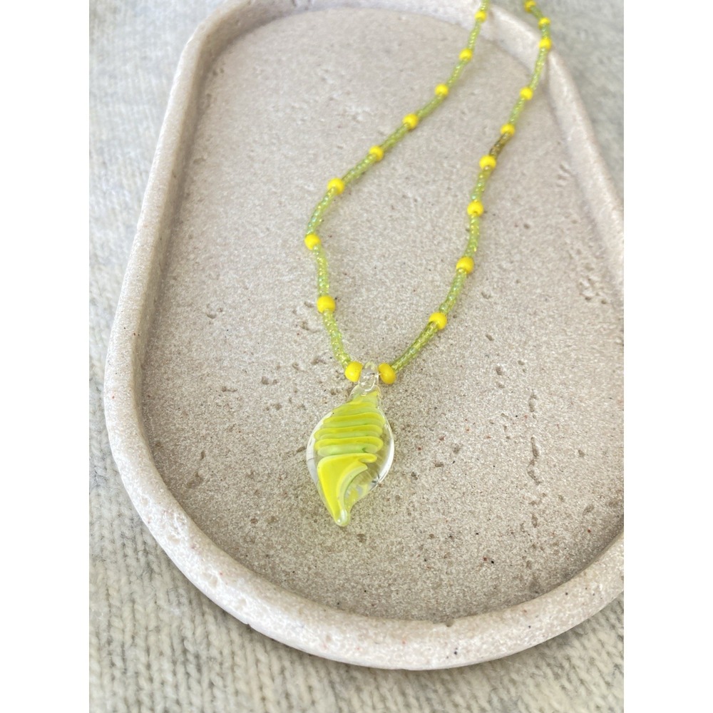 Neon Yellow Glass Swirl Pendant Necklace Green Seed Bead Boho Summer Bright